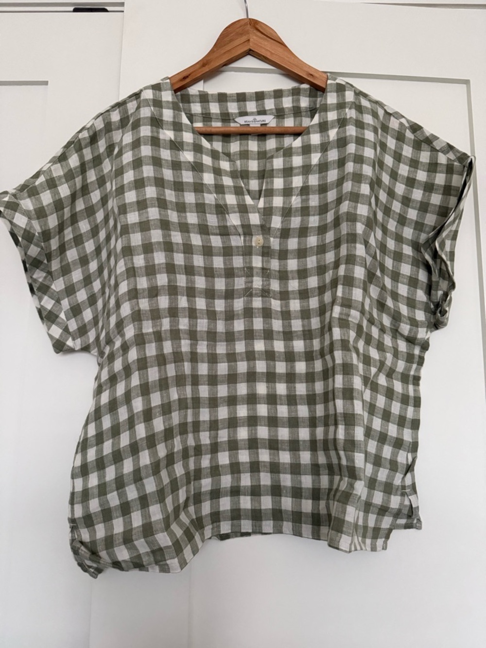 LL Bean Olive & White Gingham Short-Sleeve 100% Linen Top - Size L